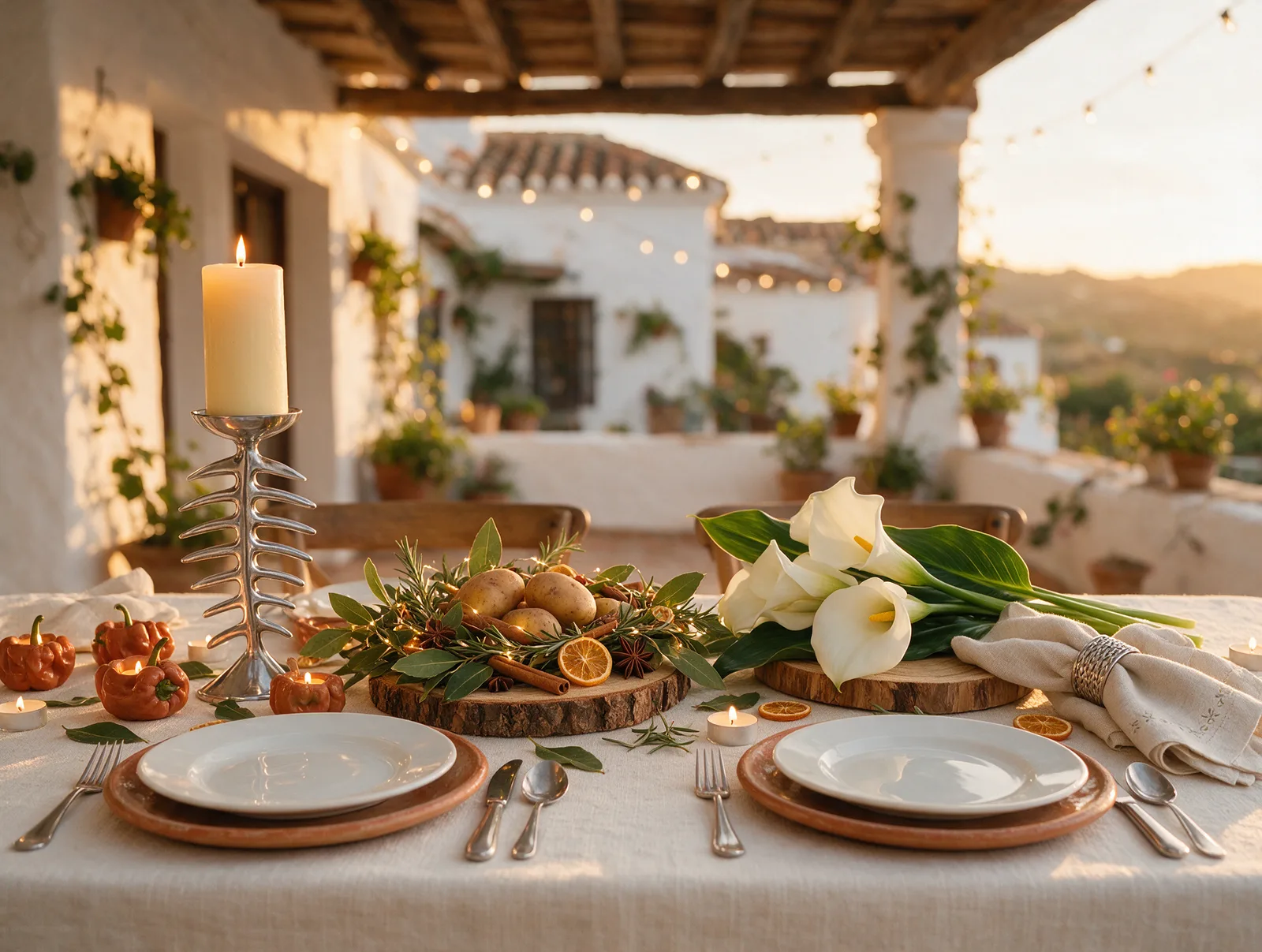 Decoración de inspiración andaluza: velas, flores y guiños gastronómicos en cada mesa Detalle de la decoración de mesa en una boda de estilo andaluz, con velas y flores