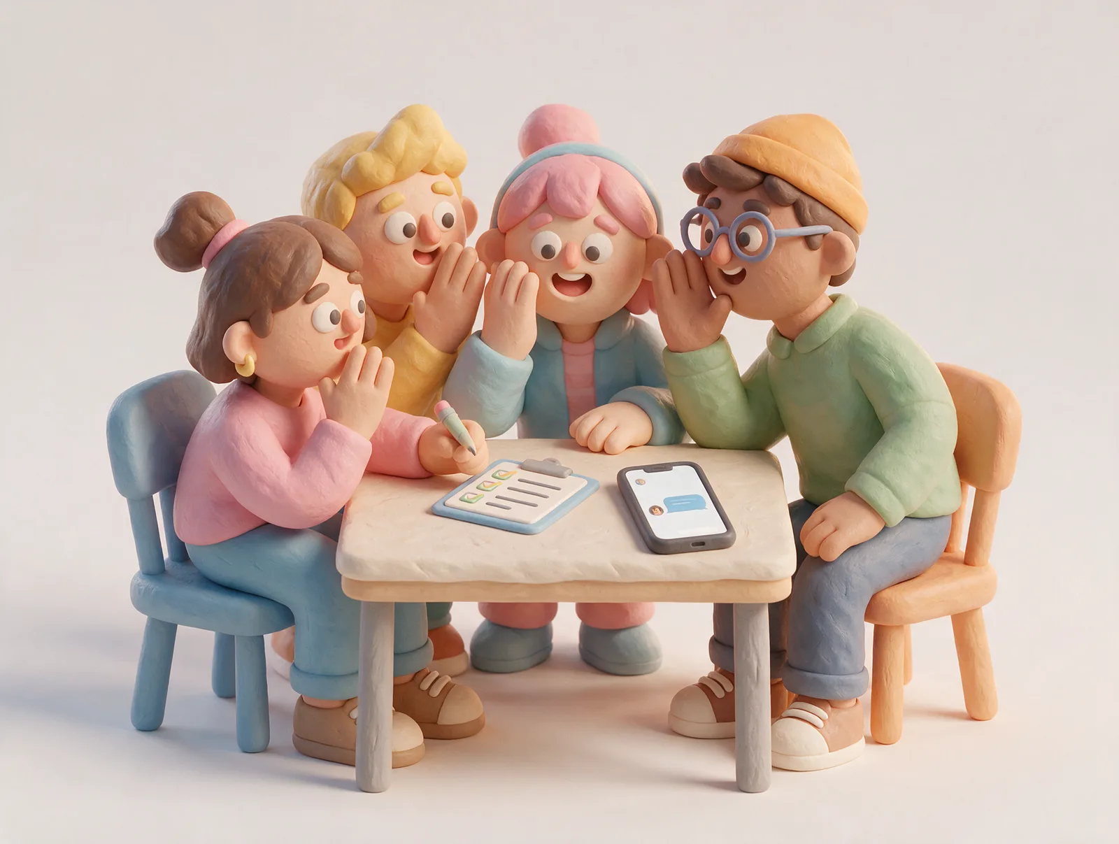 Mantener un secreto entre varias personas es la parte más difícil de cualquier sorpresa en grupo Ilustración de un grupo de amigos cuchicheando alrededor de una mesa con una lista de tareas y el móvil, planeando una sorpresa en grupo