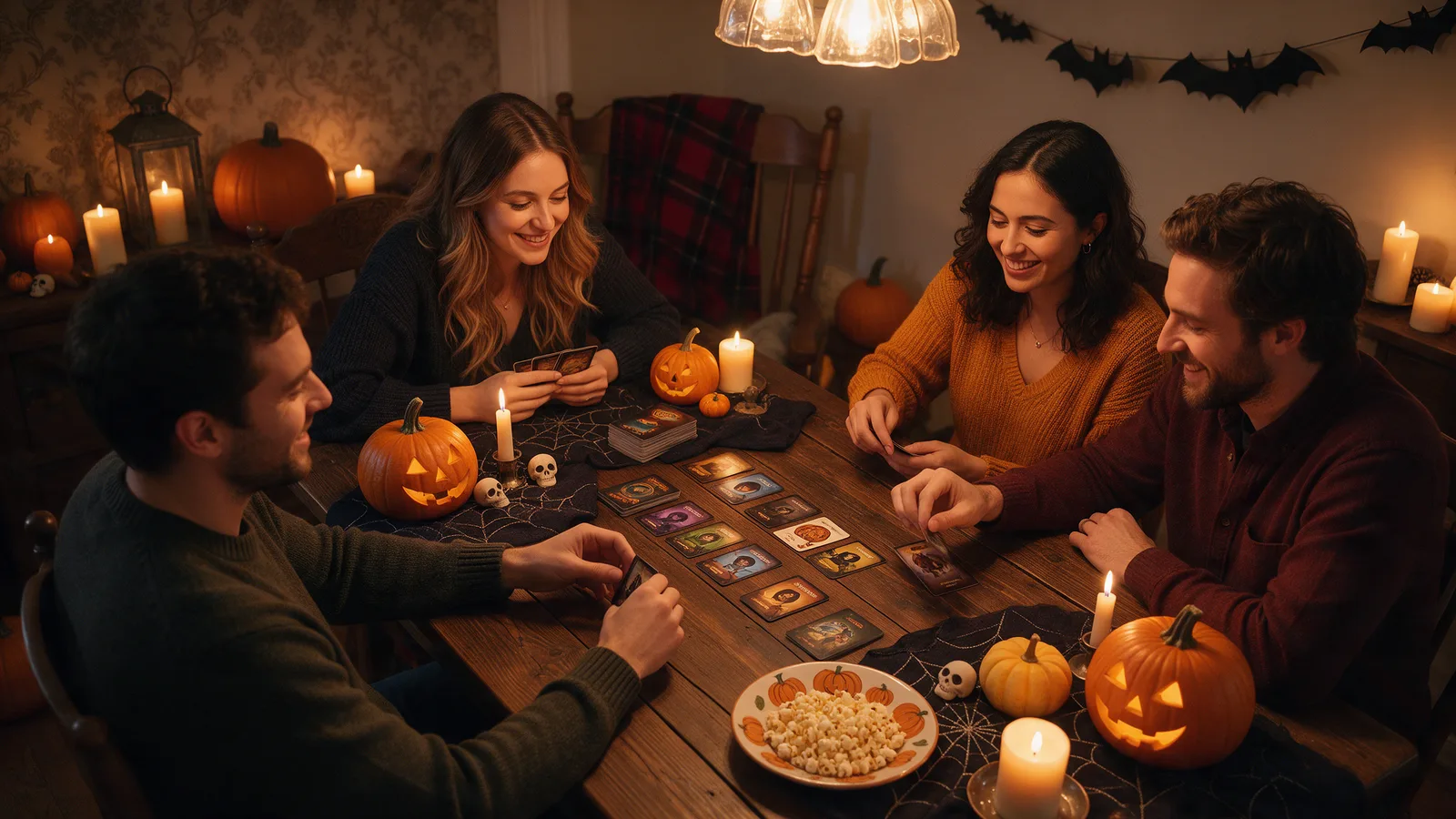 Una mesa, velas y roles secretos: la receta de la noche de Halloween Grupo de amigos jugando a un juego de deducción en una mesa decorada para Halloween