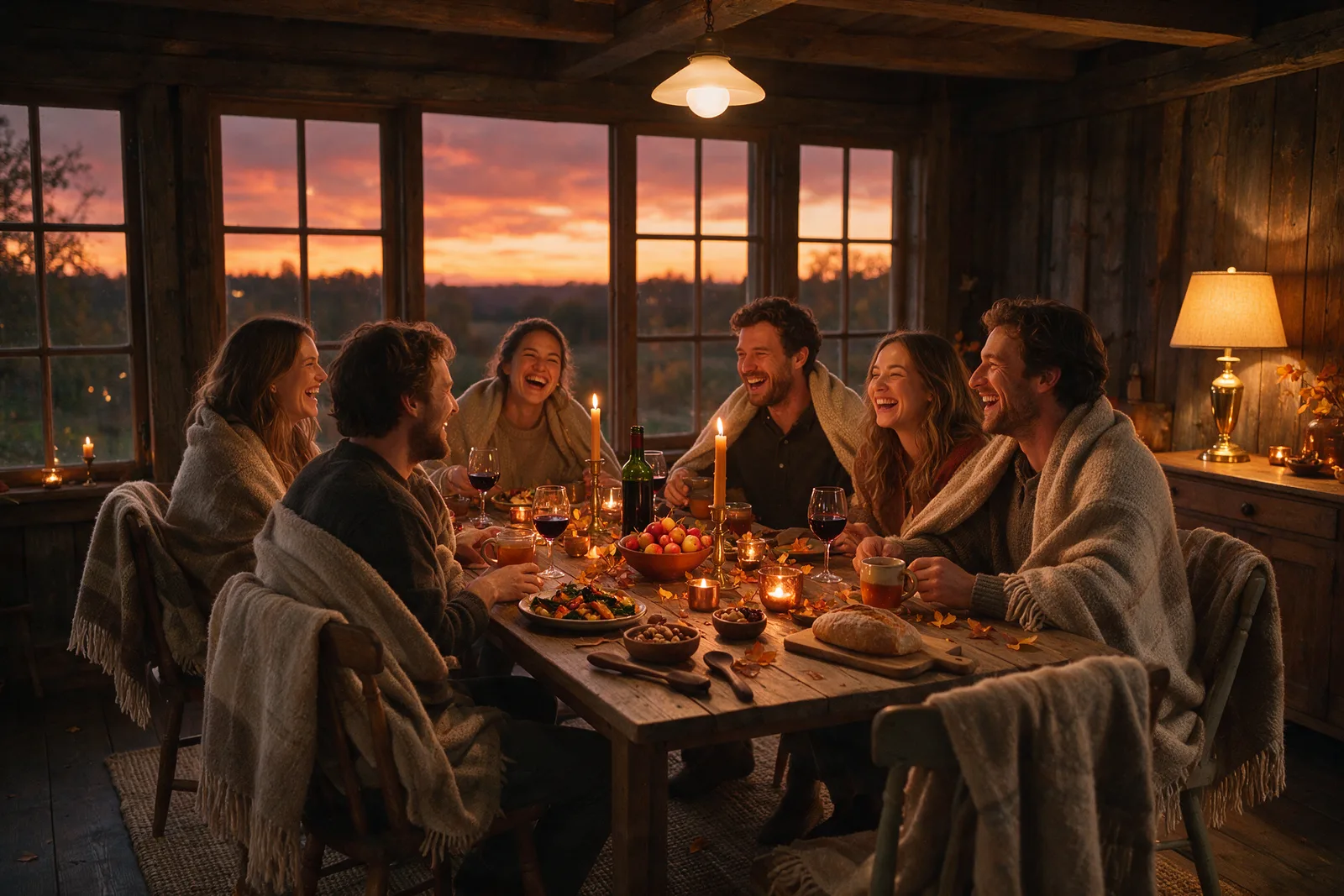 Amigos reunidos en una mesa al atardecer en otoño