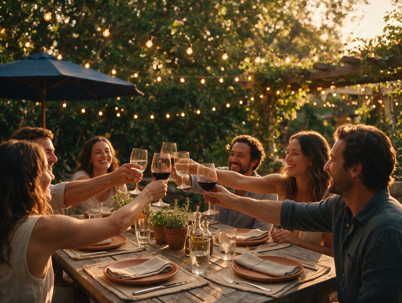 Las cenas compartidas y las escapadas cortas ganan terreno frente al regalo físico en las celebraciones de grupo Grupo de amigos brindando en una cena al aire libre con luces cálidas al atardecer