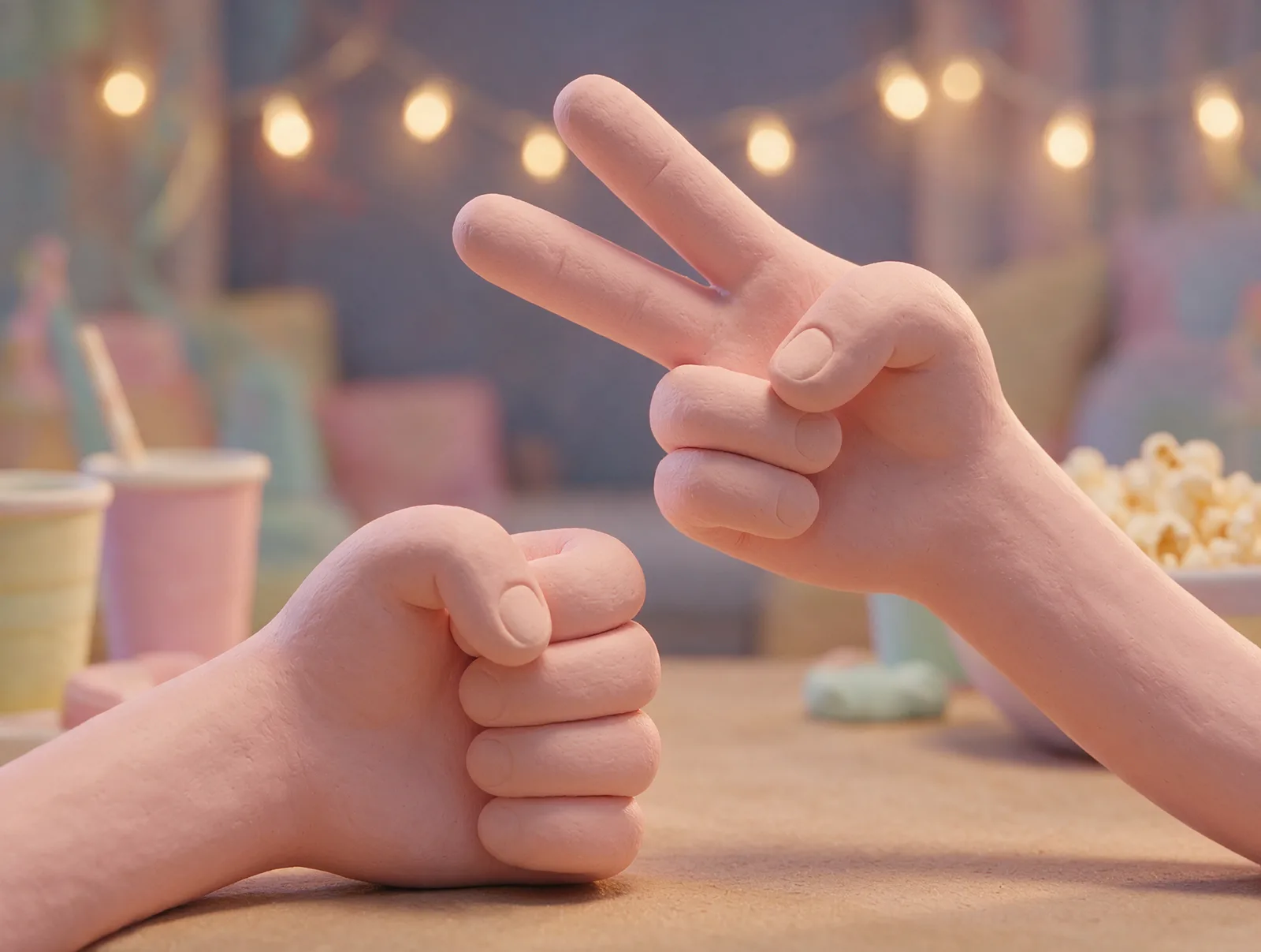Piedra, papel o tijera, la ronda de desempate más socorrida cuando hay empate en la meta Dos manos de plastilina jugando a piedra, papel o tijera sobre una mesa de salón con vasos de fiesta y palomitas