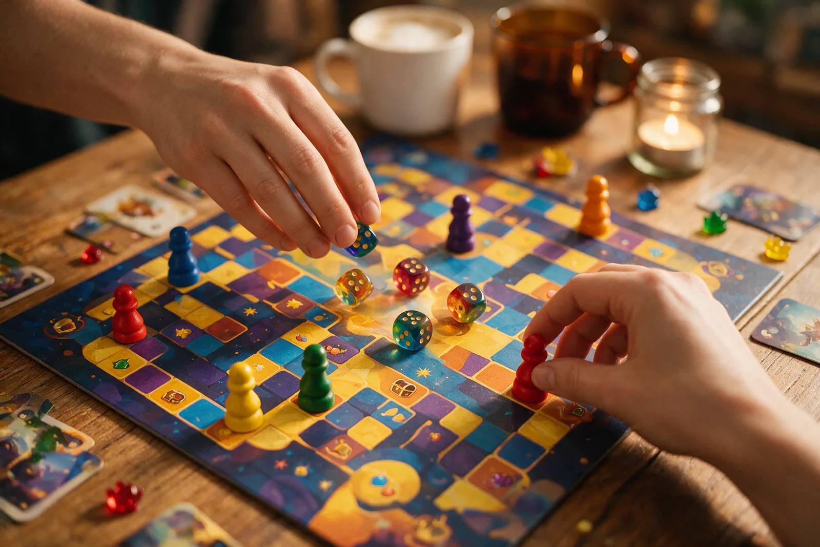 Partidas cortas y reglas sencillas: la fórmula que explica el éxito de los juegos de mesa actuales Manos moviendo fichas y dados de colores sobre un juego de mesa en una mesa de madera, con luz cálida de ambiente