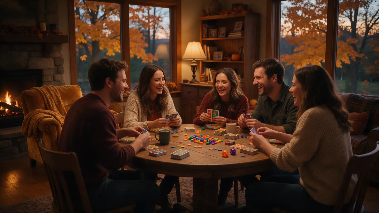 Grupo de amigos jugando a juegos de cartas y mesa alrededor de una mesa de madera