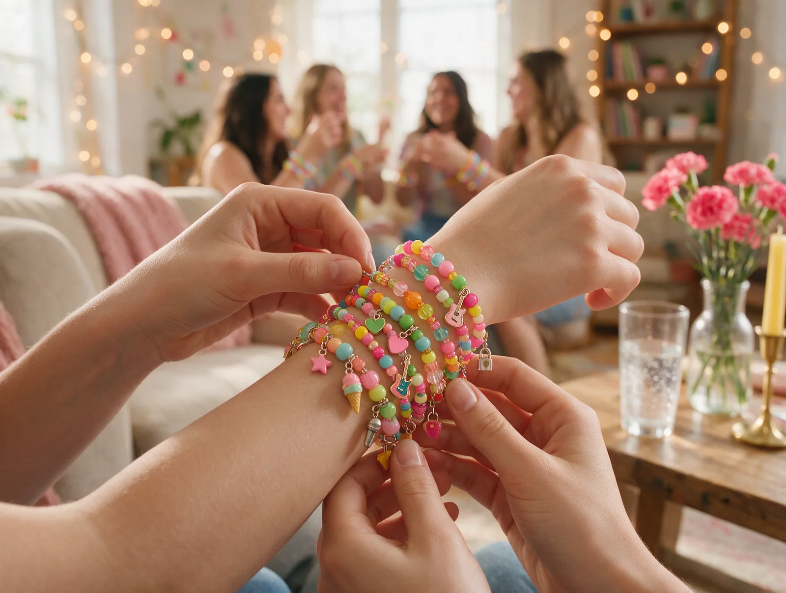 Cada invitado se lleva una pulsera distinta hecha con sus propias manos Manos apilando pulseras de dijes de colores en una fiesta