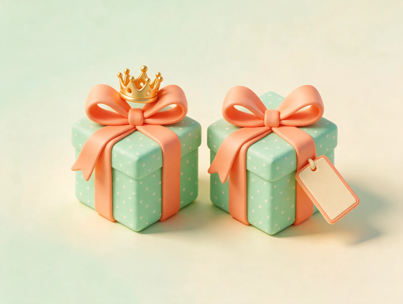 Comparativa de dos cajas de regalo, una con corona y otra con una etiqueta de precio más bajo, en estilo ilustración 3D