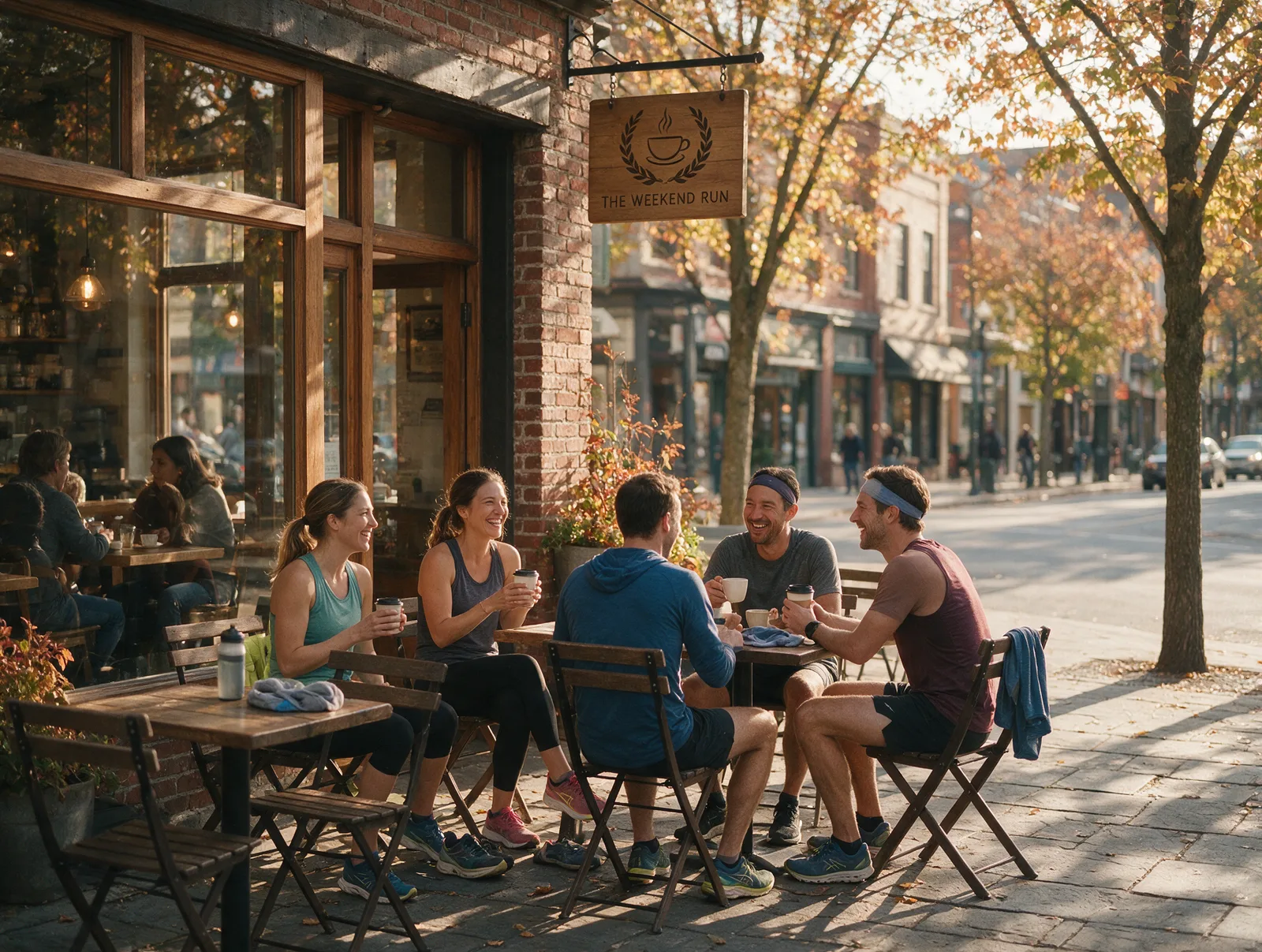 El café compartido después de correr se ha convertido en la verdadera cita social del plan Grupo de amigos tomando café en una terraza tras salir a correr juntos por la mañana