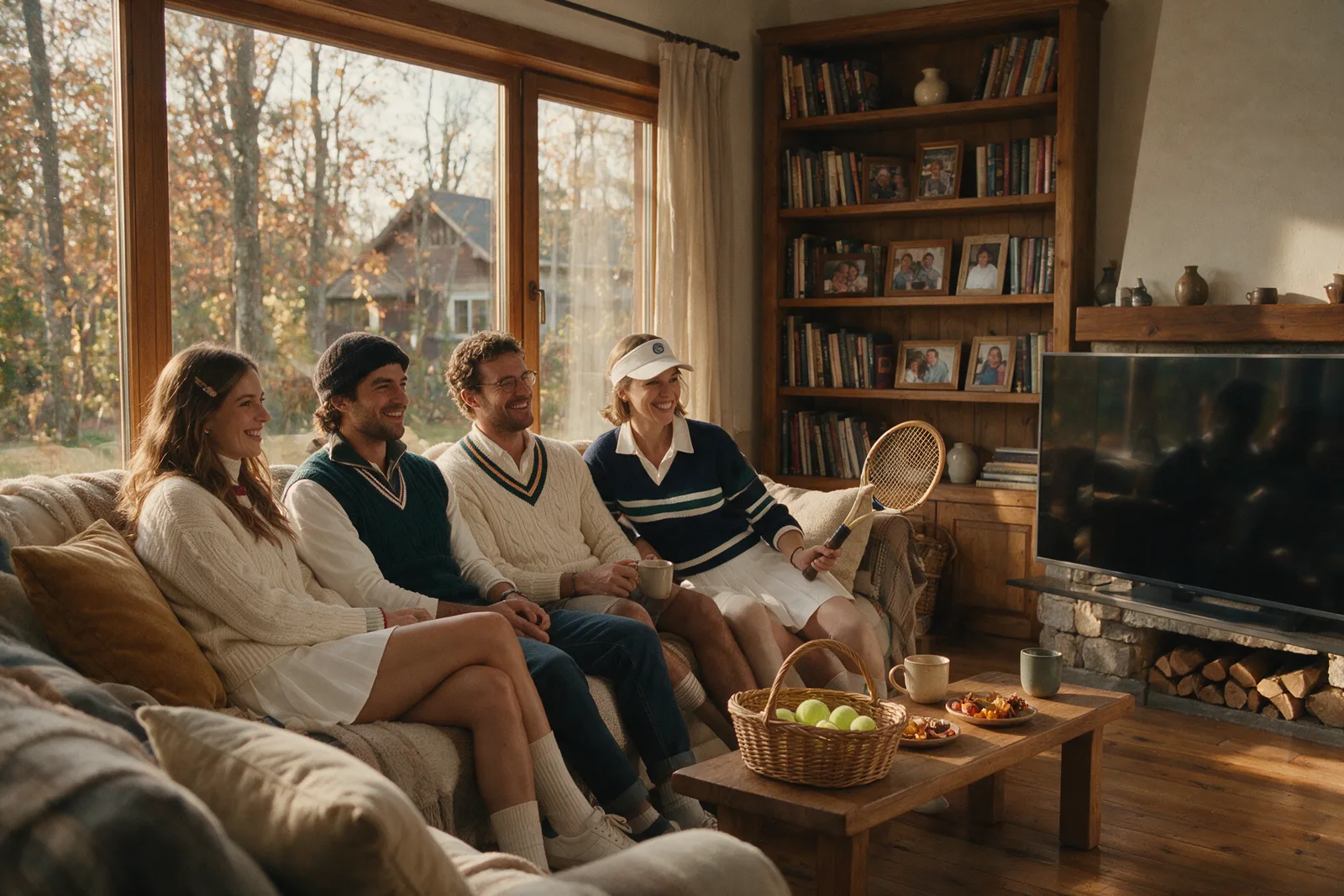 Ver el tenis en grupo también se ha convertido en un plan con su propio código de estilo Grupo de amigos viendo un partido de tenis en el sofá con looks de estilo tenniscore